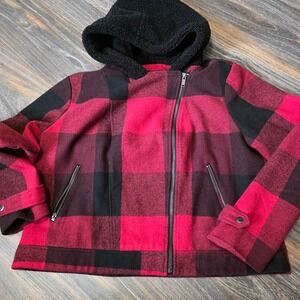 Rock & Republic Red Buffalo Plaid Asymmetric Zip Sherpa Hood Jacket XL